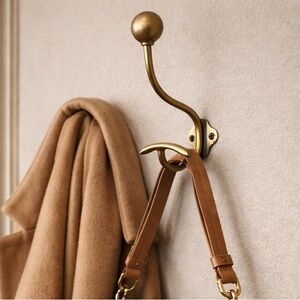 Vintage Solid Brass Wall Hook Double Hook Ball Finial Coat Hat Hook